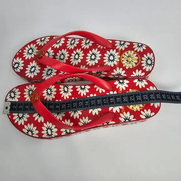 Tory Burch Red Flower Print Wedge Heel Flip Flop Sandals Women's Size Unmarked - Picture 11 of 12